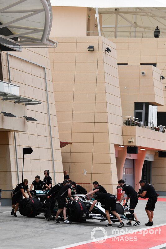 Lewis Hamilton, Mercedes AMG F1 W10, being pushed back into the garage