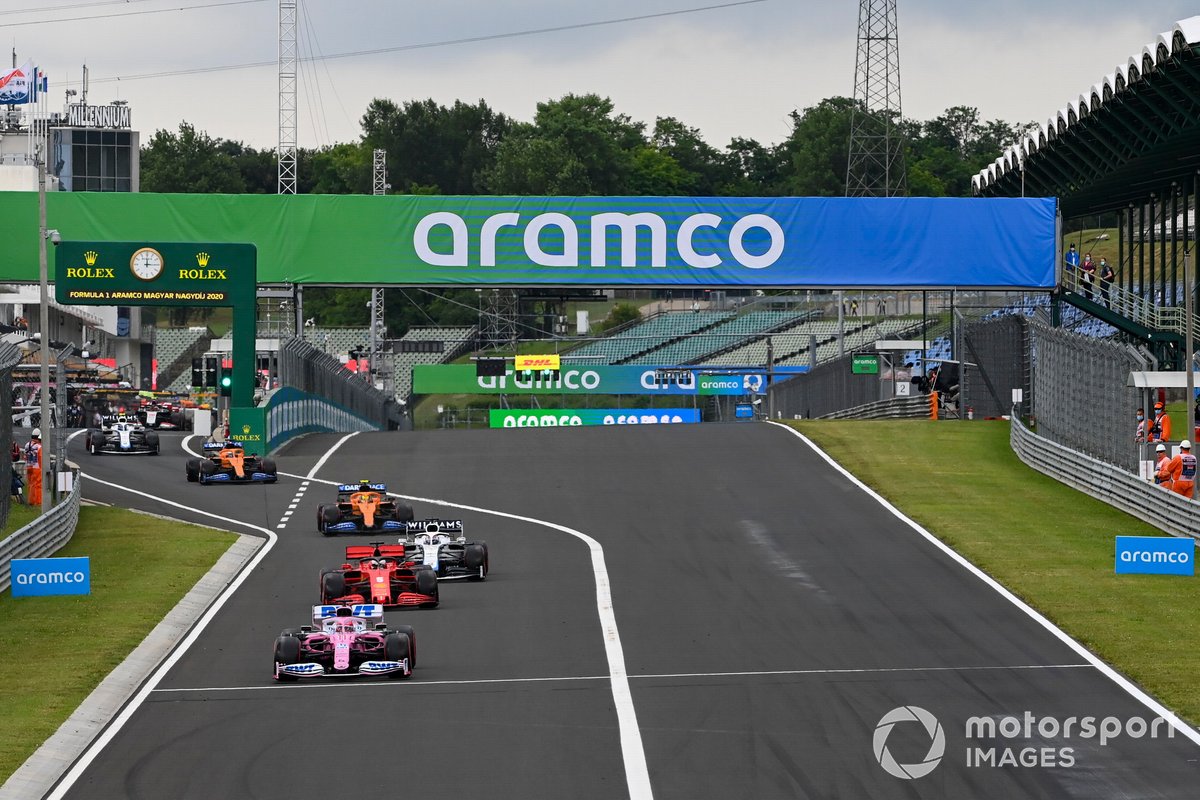 Sergio Perez, Racing Point RP20, Sebastian Vettel, Ferrari SF1000, George Russell, Williams FW43, Lando Norris, McLaren MCL35 and Carlos Sainz Jr., McLaren MCL35 