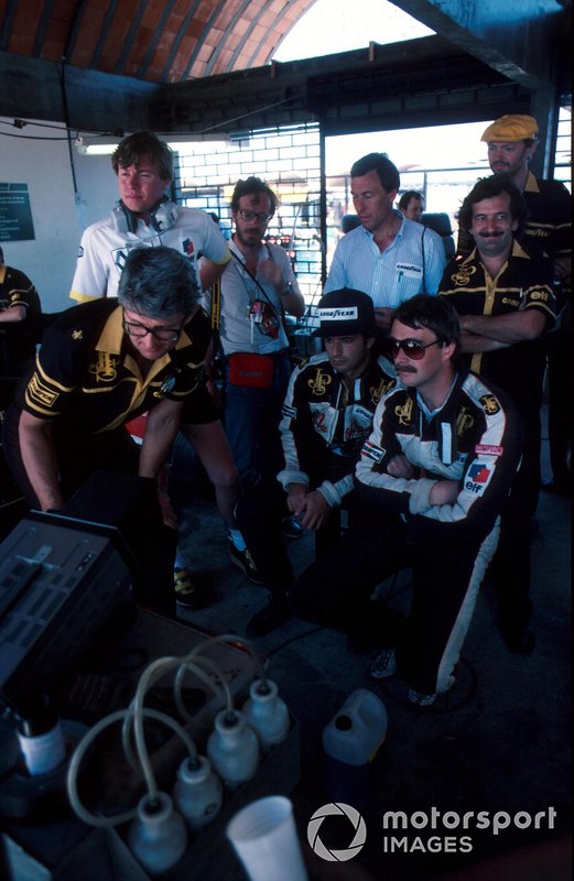 Nigel Mansell, Elio de Angelis and Peter Warr