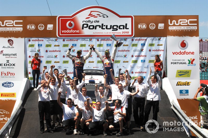 Sebastien Ogier,  Julien Ingrassia  celebrate their first WRC victory with the Citroen Team on the podium