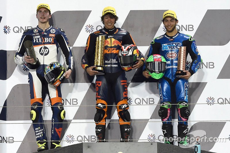 Podio: il vincitore Tetsuta Nagashima, Red Bull KTM Ajo, secondo posto Lorenzo Baldassarri, Pons HP40, terzo posto Enea Bastianini, Italtrans Racing Team
