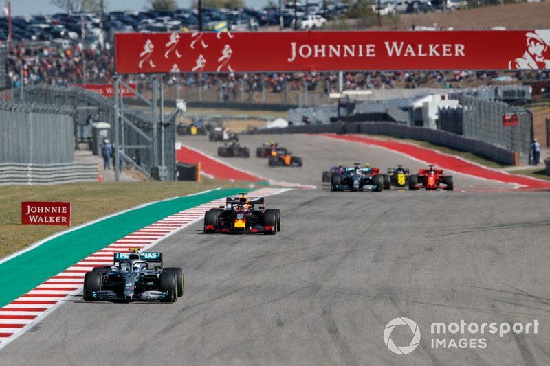 Valtteri Bottas, Mercedes AMG F1, leads Max Verstappen, Red Bull Racing RB15, Lewis Hamilton, Mercedes AMG F1 W10