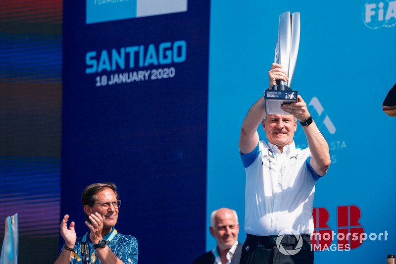 Jens Marquardt, BMW Motorsport Director holds the race winning trophy on the podium