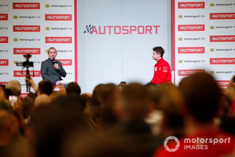 Presenter Stuart Codling interviews Charles Leclerc, Ferrari on the Autosport stage