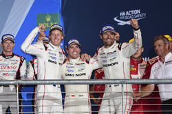 Podium: race winners Timo Bernhard, Mark Webber, Brendon Hartley, Porsche Team