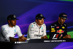 The FIA Press Conference qualifying top three: second place Lewis Hamilton, Mercedes AMG F1, polesitter Nico Rosberg, Mercedes AMG F1, third place Daniel Ricciardo, Red Bull Racing