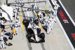 Lance Stroll, Williams FW41 Mercedes, leaves his pit box after a stop