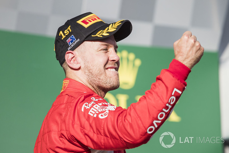 Sebastian Vettel, Ferrari, 1st position, celebrates on the podium