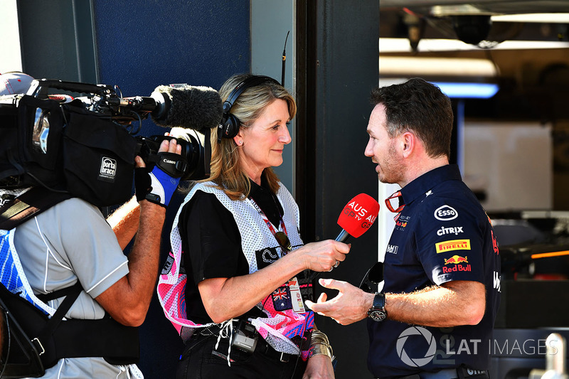 Louise Goodman, talks with Christian Horner, Red Bull Racing Team Principal