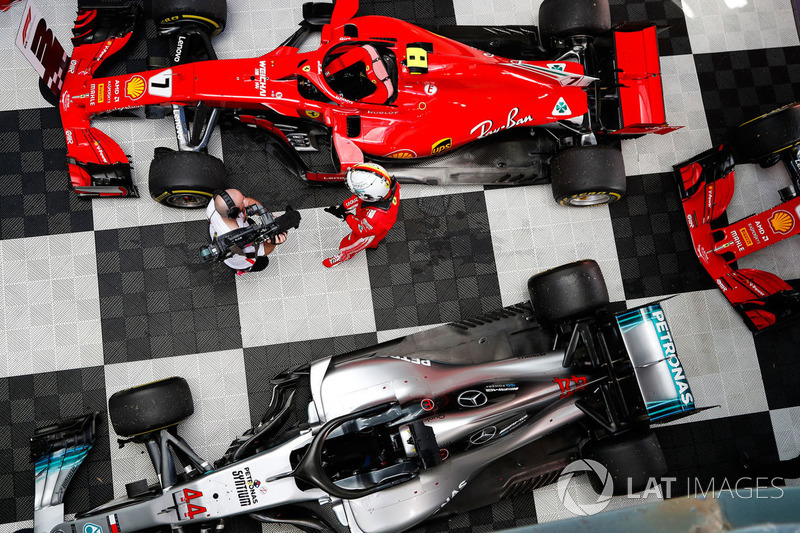 Race winner Sebastian Vettel, Ferrari, celebrates on arrival in Parc Ferme