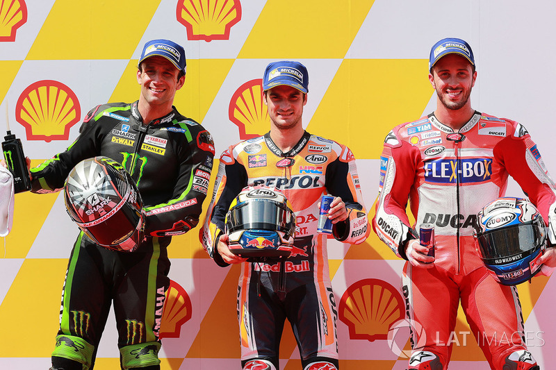 Pole sitter Dani Pedrosa, Repsol Honda Team, second place Johann Zarco, Monster Yamaha Tech 3, third place Andrea Dovizioso, Ducati Team