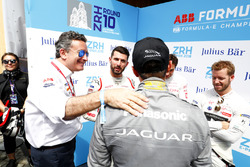 Alejandro Agag, CEO, Formula E, congratulates Mitch Evans, Jaguar Racing, on his pole postion