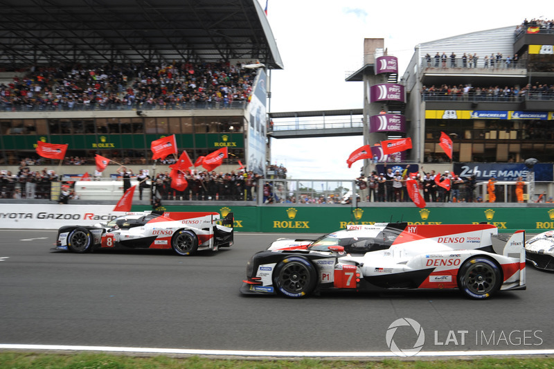 #8 Toyota Gazoo Racing Toyota TS050: Sébastien Buemi, Kazuki Nakajima, Fernando Alonso  and #7 Toyota Gazoo Racing Toyota TS050: Mike Conway, Kamui Kobayashi, Jose Maria Lopez