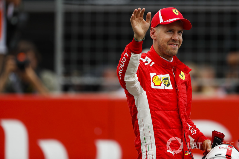 Sebastian Vettel, Ferrari, celebrates his pole position