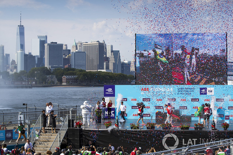 Daniel Abt, Audi Sport ABT Schaeffler,Lucas di Grassi, Audi Sport ABT Schaeffler, Sébastien Buemi, Renault e.Dams, celebrate on the podium after the race