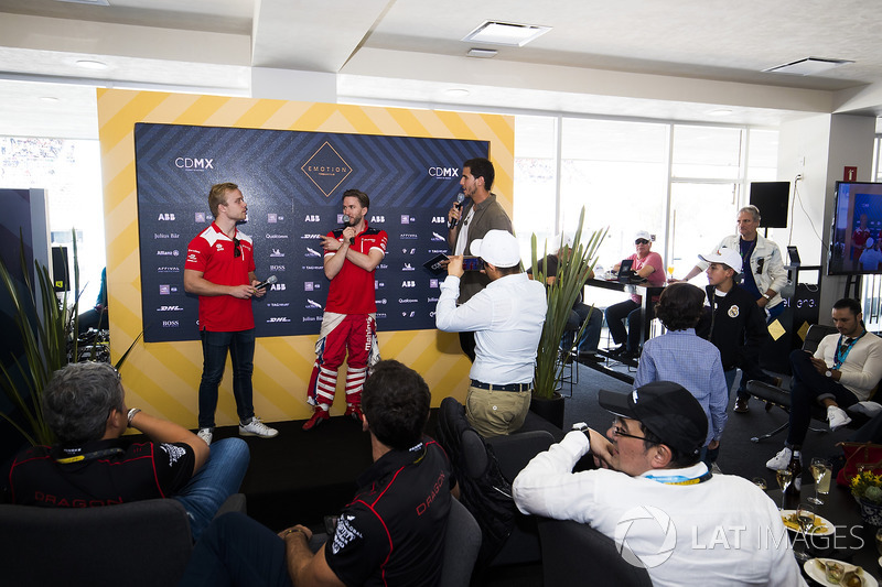 Felix Rosenqvist, Mahindra Racing & Nick Heidfeld, Mahindra Racing during a driver Q&A in EMOTION club