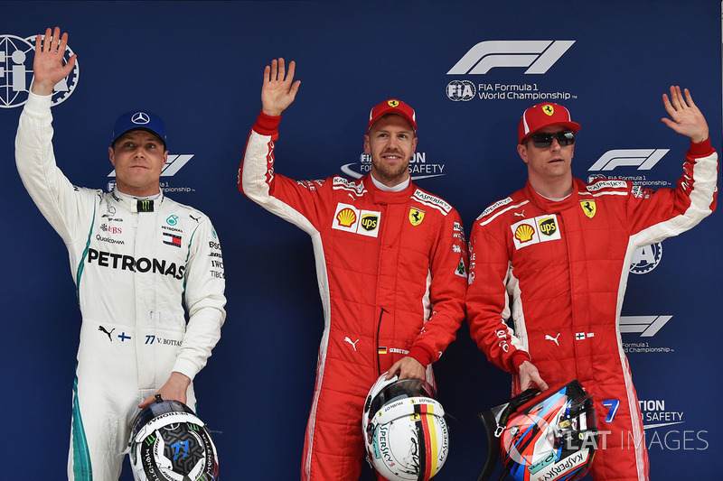 Tiga besar kualifikasi: Sebastian Vettel, Ferrari, Kimi Raikkonen, Ferrari, Valtteri Bottas, Mercedes AMG F1