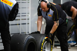 Pirelli engineers work on some tyres