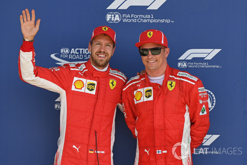 Sebastian Vettel, Ferrari and Kimi Raikkonen, Ferrari celebrate in parc ferme