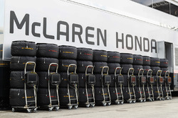 A line-up of stacked and blanketed Pirelli tyres for Stoffel Vandoorne, McLaren MCL32 and Fernando A