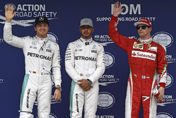 Qualifying top three in parc ferme (L to R): Nico Rosberg, Mercedes AMG F1, second; Lewis Hamilton, Mercedes AMG F1, pole position; Kimi Raikkonen, Ferrari, third