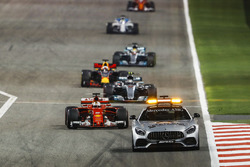 The Safety Car leads Sebastian Vettel, Ferrari SF70H, Valtteri Bottas, Mercedes F1 W08, Daniel Ricciardo, Red Bull Racing RB13, Lewis Hamilton, Mercedes F1 W08