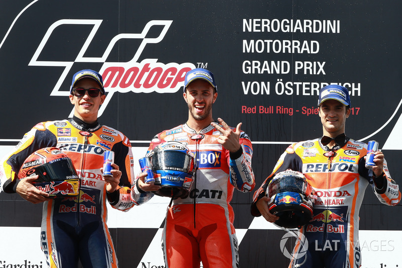 Podium: second place Marc Marquez, Repsol Honda Team, Race winner Andrea Dovizioso, Ducati Team, third place Dani Pedrosa, Repsol Honda Team