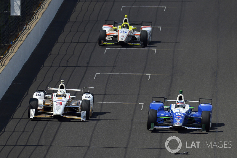 Helio Castroneves, Team Penske Chevrolet, Takuma Sato, Andretti Autosport Honda, Ed Jones, Dale Coyne Racing Honda