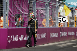 Jean-Eric Vergne, Techeetah, walks back to the pits after crashing out of the race
