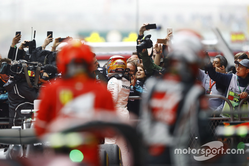 Lewis Hamilton, Mercedes AMG, celebrates in parc ferme