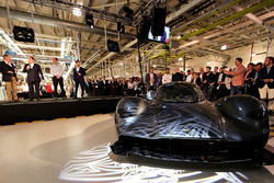 Andy Palmer- President & Chief Executive Officer, Aston Martin Lagonda Ltd talks on stage with Martin Brundle, David King- Vice President & Chief Special Operations Officer, Aston Martin Lagonda Ltd and Red Bull Racing Team Principal Christian Horner. Marek Reichman- Executive Vice President & Chief Creative Officer, Aston Martin Lagonda Ltd, Daniel Ricciardo of Australia and Red Bull Racing and Adrian Newey, the Chief Technical Officer of Red Bull Racing behind the car at the Aston Martin and Red Bull Racing Project AMRB 001 Unveil