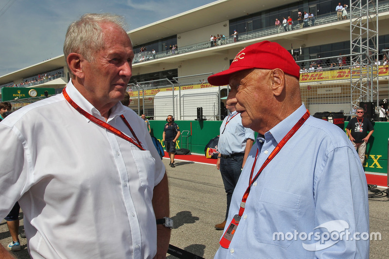(L to R): Dr Helmut Marko, Red Bull Motorsport Consultant with Niki Lauda, Mercedes Non-Executive Ch
