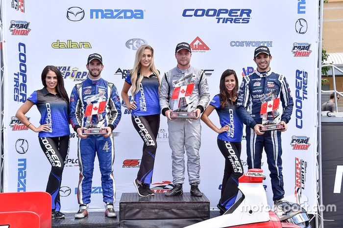 Podio: ganador de la carrera Felix Rosenqvist, Belardi Auto Racing, segundo lugar Felix Serralles, Carlin, tercer lugar Kyle Kaiser, Juncos Racing