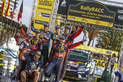 Winners Sébastien Ogier, Julien Ingrassia, Volkswagen Polo WRC, Volkswagen Motorsport; Daniel Sordo, Marc Marti, Hyundai i20 WRC, Hyundai Motorsport; Thierry Neuville, Nicolas Gilsoul, Hyundai i20 WRC, Hyundai Motorsport with Oscar Sampayo