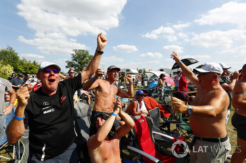 England fans celebrate the Lewis Hamilton, Mercedes AMG F1, pole position and England World Cup football result