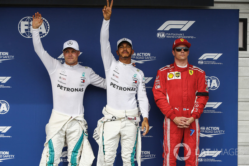 LTR: Valtteri Bottas, Mercedes AMG F1, Lewis Hamilton, Mercedes AMG F1 and Kimi Raikkonen, Ferrari