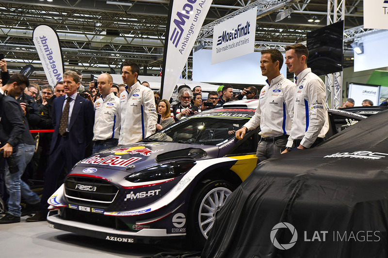 Malcolm Wilson, Sébastien Ogier and Elfyn Evans from M-Sport Ford gather at the WRC season launch