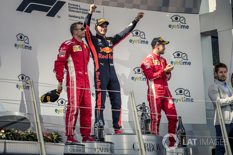 Kimi Raikkonen, Ferrari, Max Verstappen, Red Bull Racing et Sebastian Vettel, Ferrari sur le podium