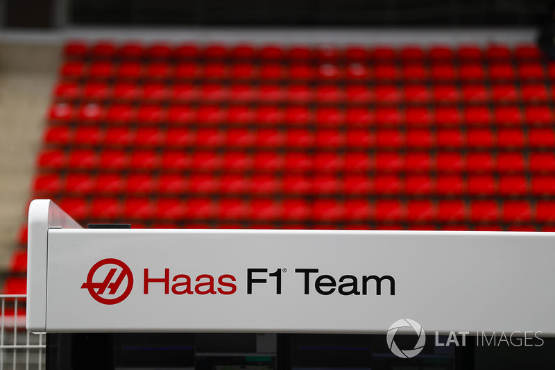 The Haas F1 Team's logo on their pit gantry