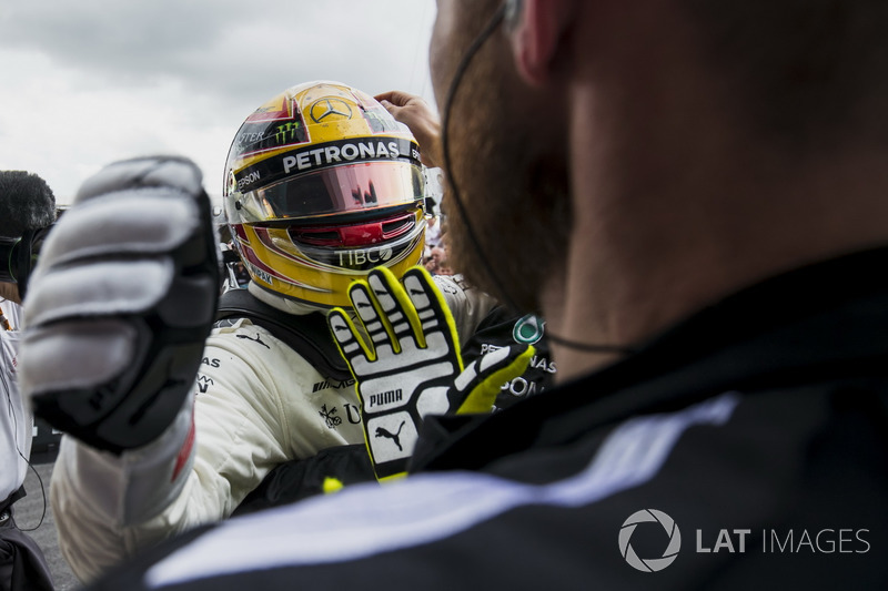 Race winner Lewis Hamilton, Mercedes AMG F1, celebrates in Parc Ferme