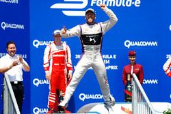 Sam Bird, DS Virgin Racing, celebrates on the podium after winning the race