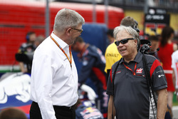 Ross Brawn, Managing Director of Motorsports, FOM, talks to Gene Haas F1 Team, Owner and Founder, Haas F1 Team