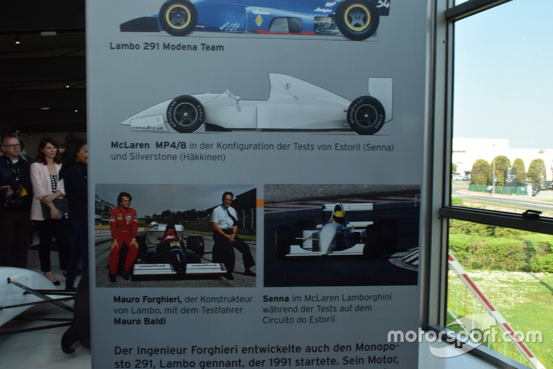 Pannello con i dettagli della McLaren MP4/8 e Lambo 291