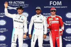 Qualifying top three in parc ferme (L to R): Nico Rosberg, Mercedes AMG F1, second; Lewis Hamilton, Mercedes AMG F1, pole position; Kimi Raikkonen, Ferrari, third