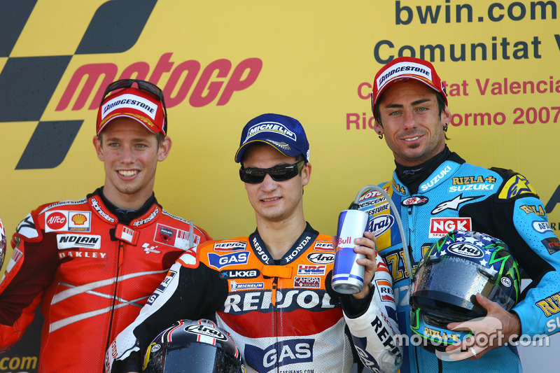 Podium: Race winner Dani Pedrosa, Repsol Honda; second place Casey Stoner, Ducati; third place John 