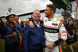 Jenson Button, McLaren, greets Sky pundit Martin Brundle