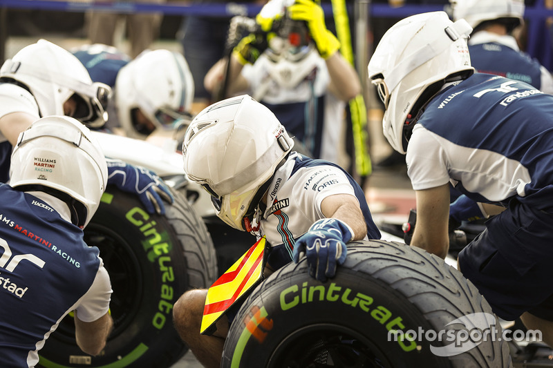 The Williams team practice their pit stops