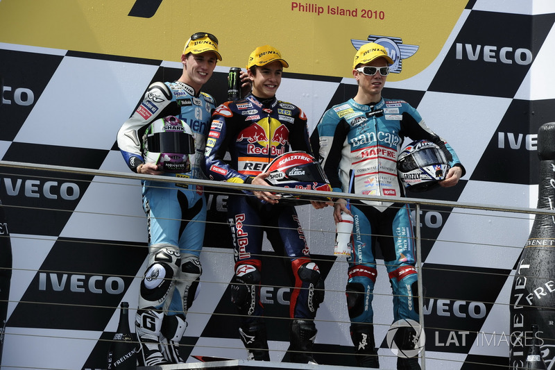 Podium: second place Pol Espargaro, Race winner Marc Marquez, third place Nicolás Terol