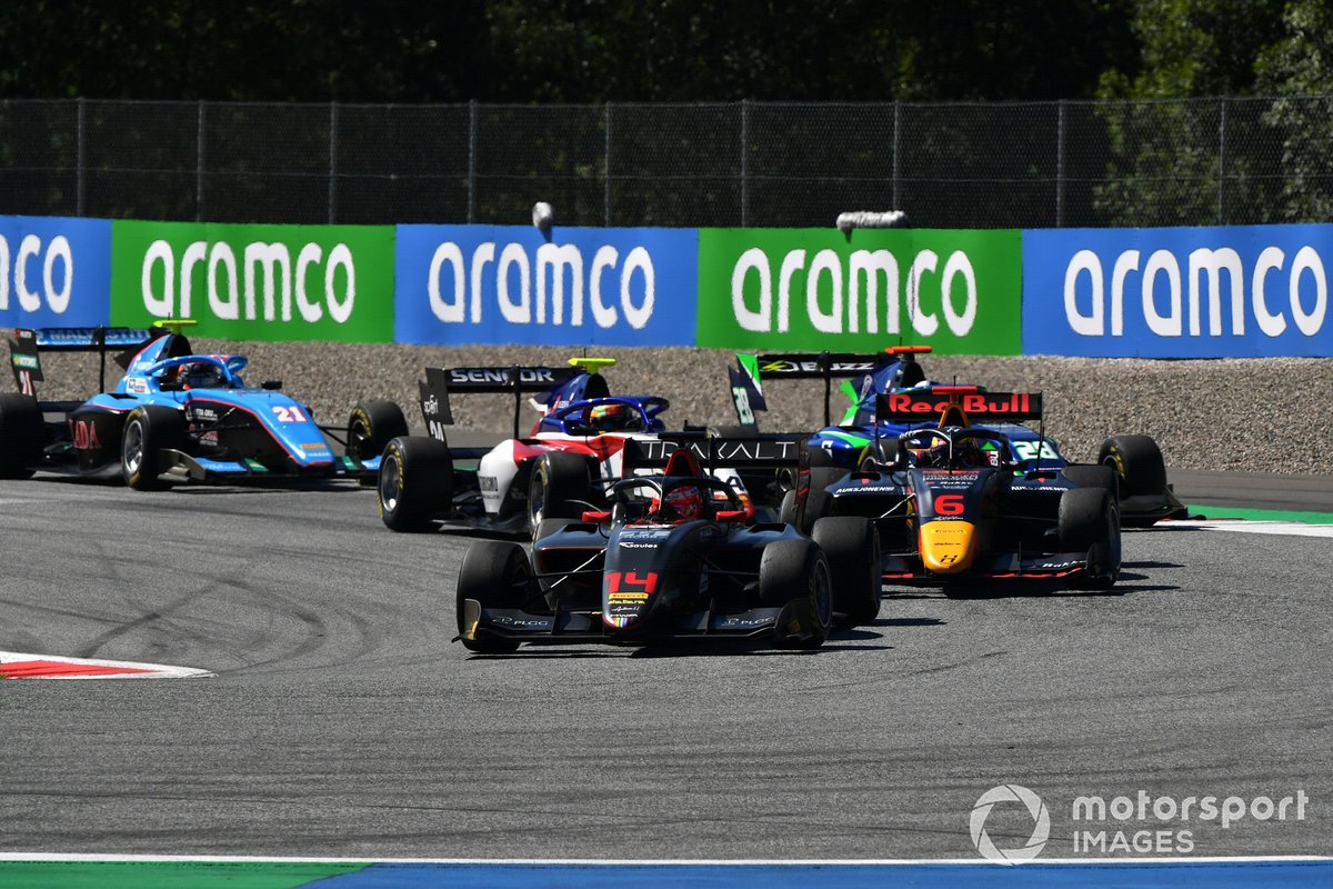 Enzo Fittipaldi, HWA Racelab, leads Dennis Hauger, Hitech Grand Prix, Cameron Das, Carlin, and Igor Fraga, Charouz Racing System