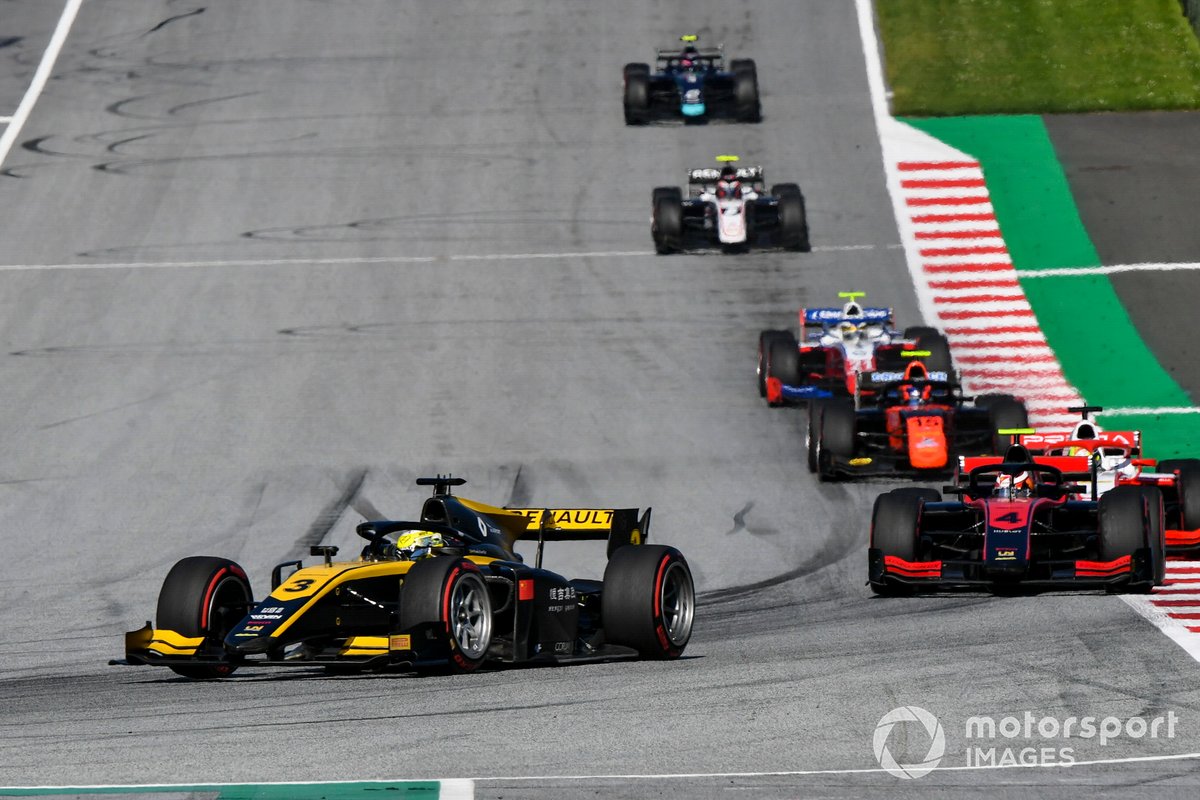 Guanyu Zhou, UNI-Virtuosi, leads Callum Ilott, UNI-Virtuosi, Mick Schumacher, Prema Racing, and Felipe Drugovich, MP Motorsport